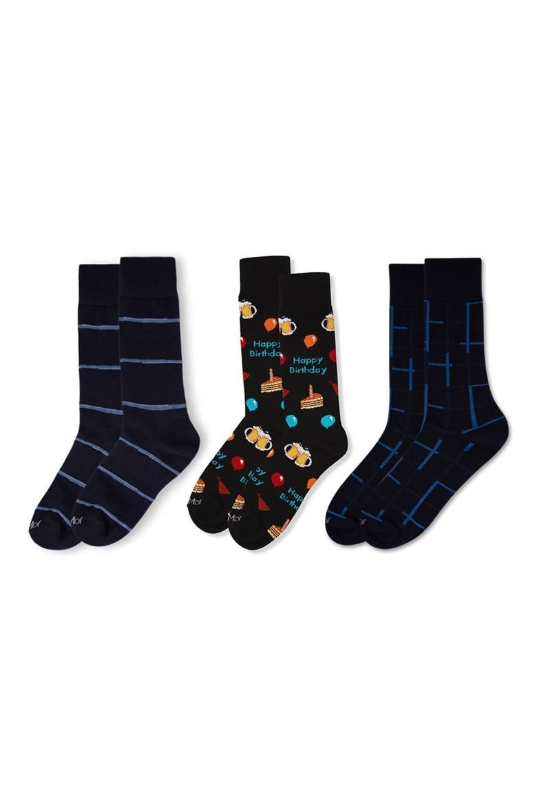 Happy Birthday Assorted 3-Pack Crew Socks, Alternate, color, BLACK-BLACK