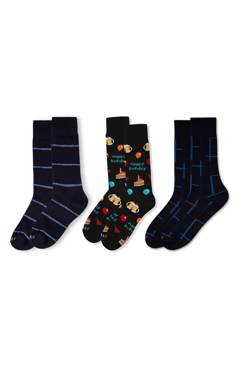 MeMoi Happy Birthday Assorted 3-Pack Crew Socks, Alternate, color, Black-Black