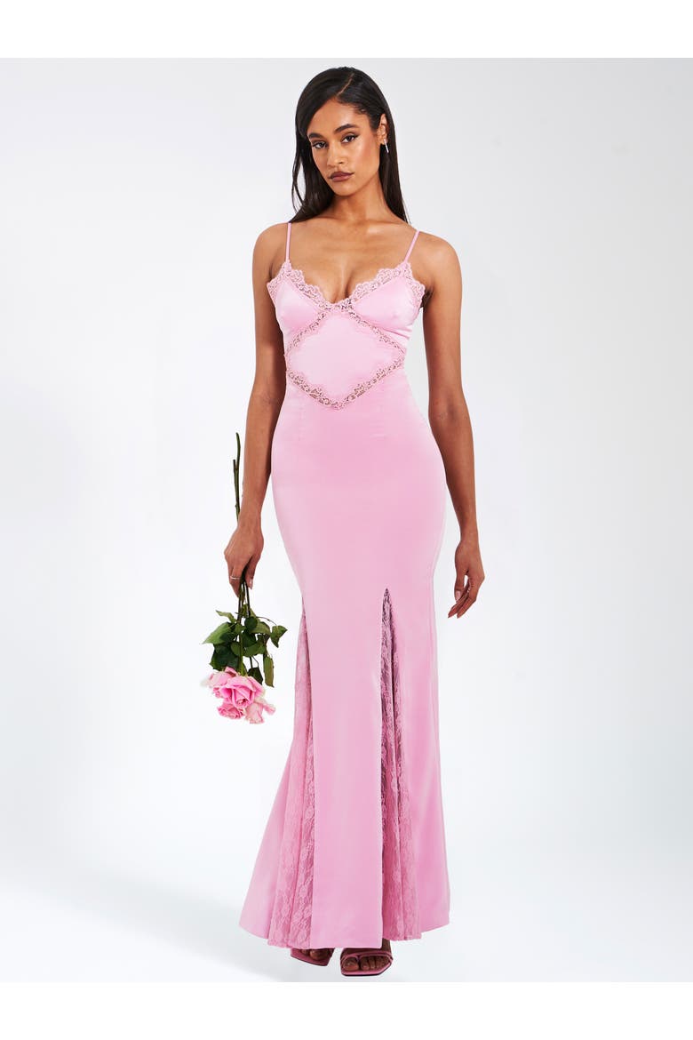 Xandria Lace Satin Mermaid Flare Maxi Dress, Main, color, Light pink
