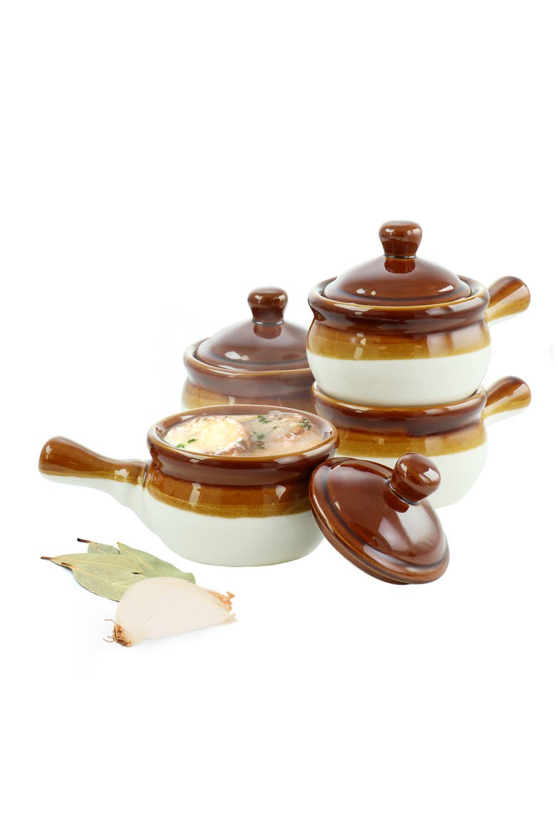 4 Piece Long Handle 15 Ounce French Onion Soup Bowl with Lid, Main, color, Brown