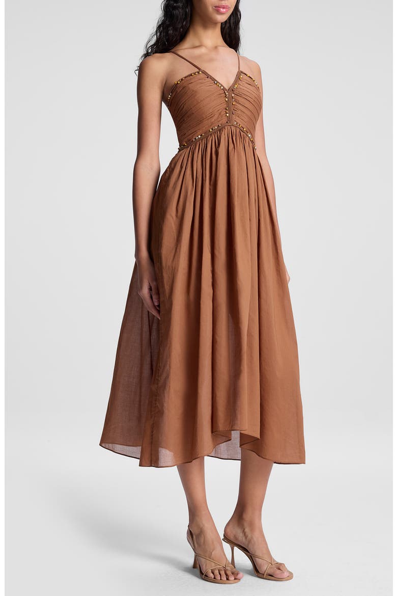 Rumi Beaded Cotton Voile Midi Dress, Alternate, color, LIGHT CHESTNUT