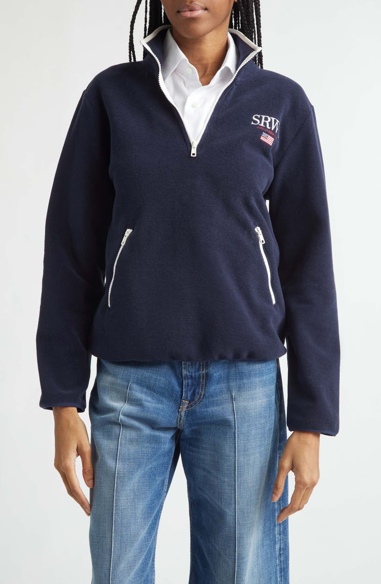 Sporty & Rich Nautical Embroidered Polar Fleece Half Zip Sweatshirt, Main, color, Dark Navy