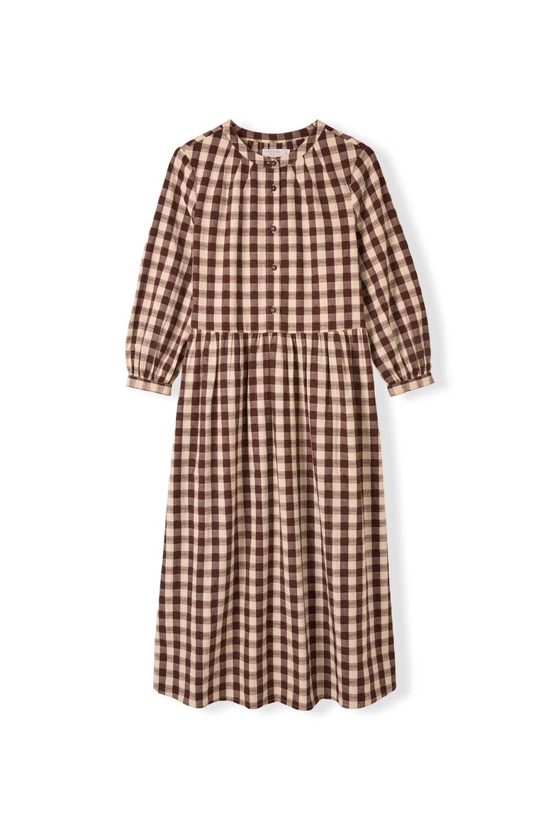 Collarless Gingham Midi Dress, Alternate, color, Chocolate Gingham