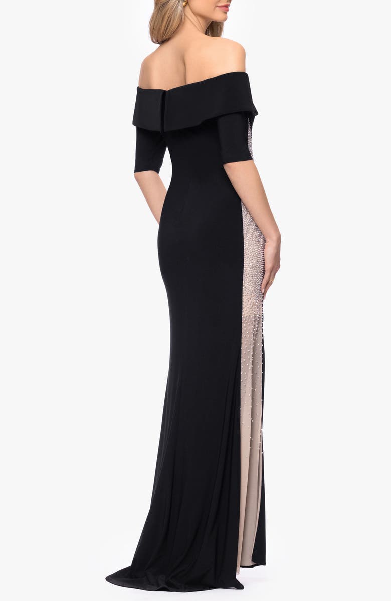 Xscape Evenings Beaded Mesh Inset Mermaid Gown, Alternate, color, Black/ Beige/ Silver
