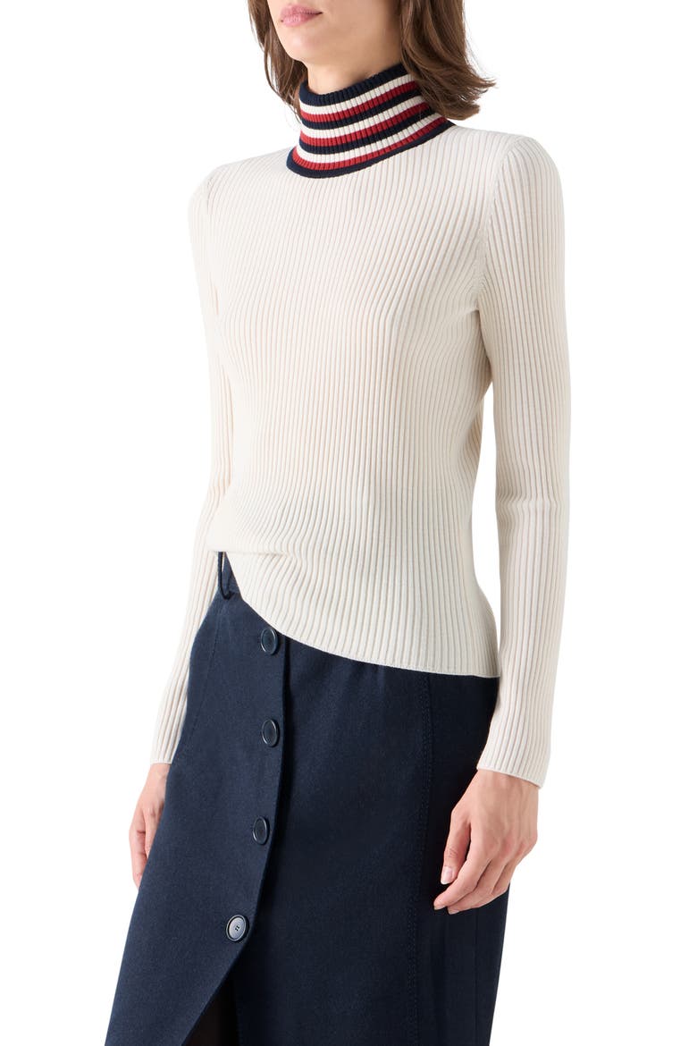Striped Mock Neck Merino Wool Sweater, Alternate, color, CREAM-NAVY-RUSTY RED