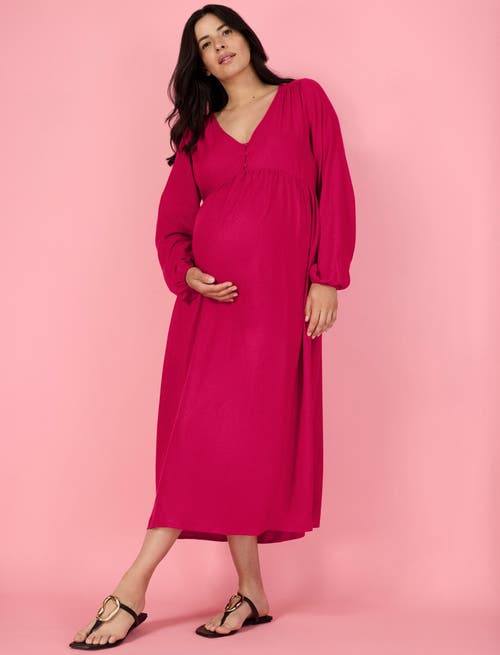 Motherhood Maternity Long Sleeve Button Front Maternity Midi Dress In Cerise