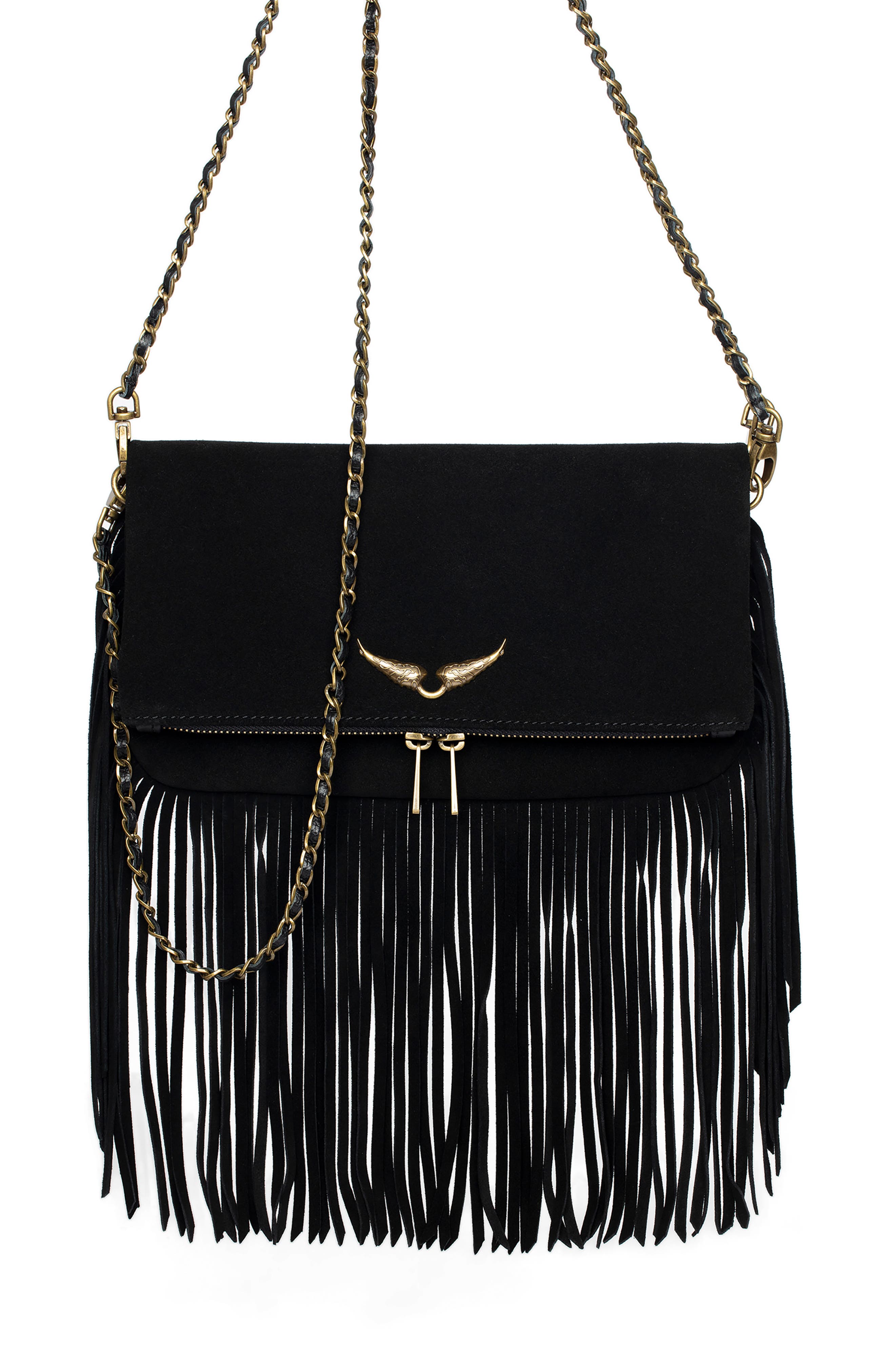 Zadig & Voltaire Rock Suede Fringe Crossbody Bag, Alternate, color, 