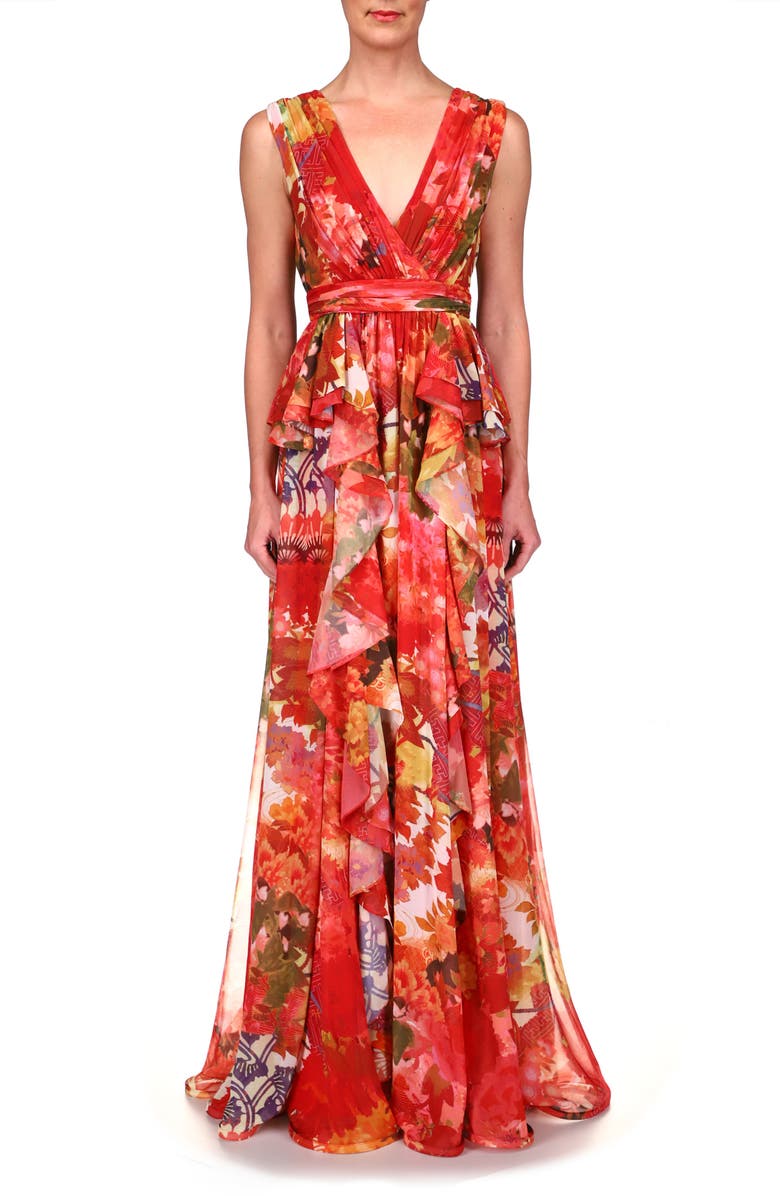 Badgley Mischka Collection Badgley Mischka Print Georgette Gown, Main, color, Red Multi