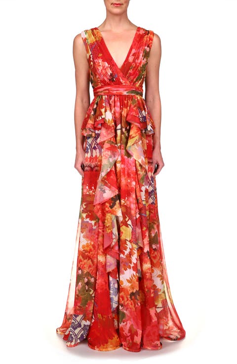 Badgley Mischka Print Georgette Gown