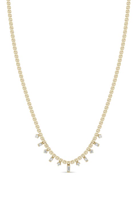 14k Gold Diamond Baguette Round Box Necklace
