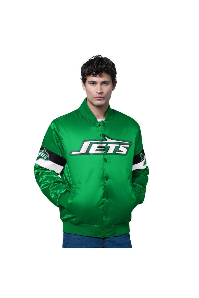 Men's Starter Kelly Green New York Jets Triple Option Satin Varsity Vintage Logo Full-Snap Jacket, Main, color, Kelly Green