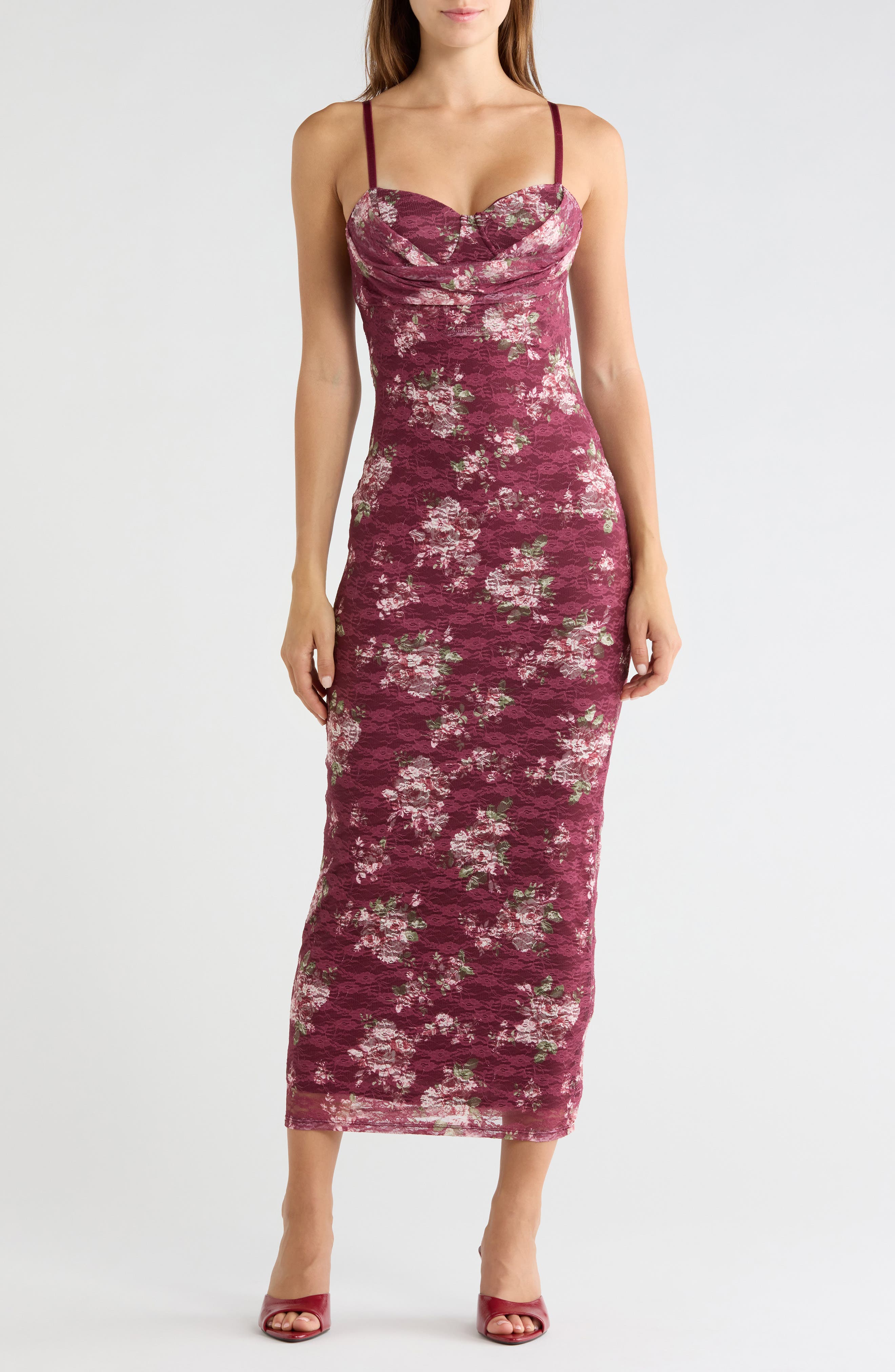 Floral Lace Cowl Neck Bustier Midi Dress