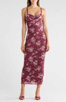 Floral Lace Cowl Neck Bustier Midi Dress