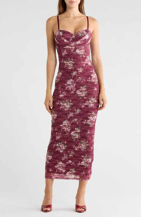 Floral Lace Cowl Neck Bustier Midi Dress