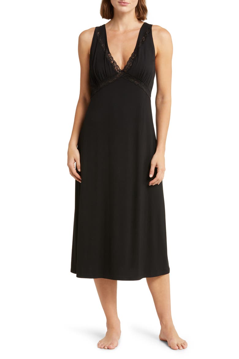Feathers Lace Trim Nightgown, Main, color, BLACK