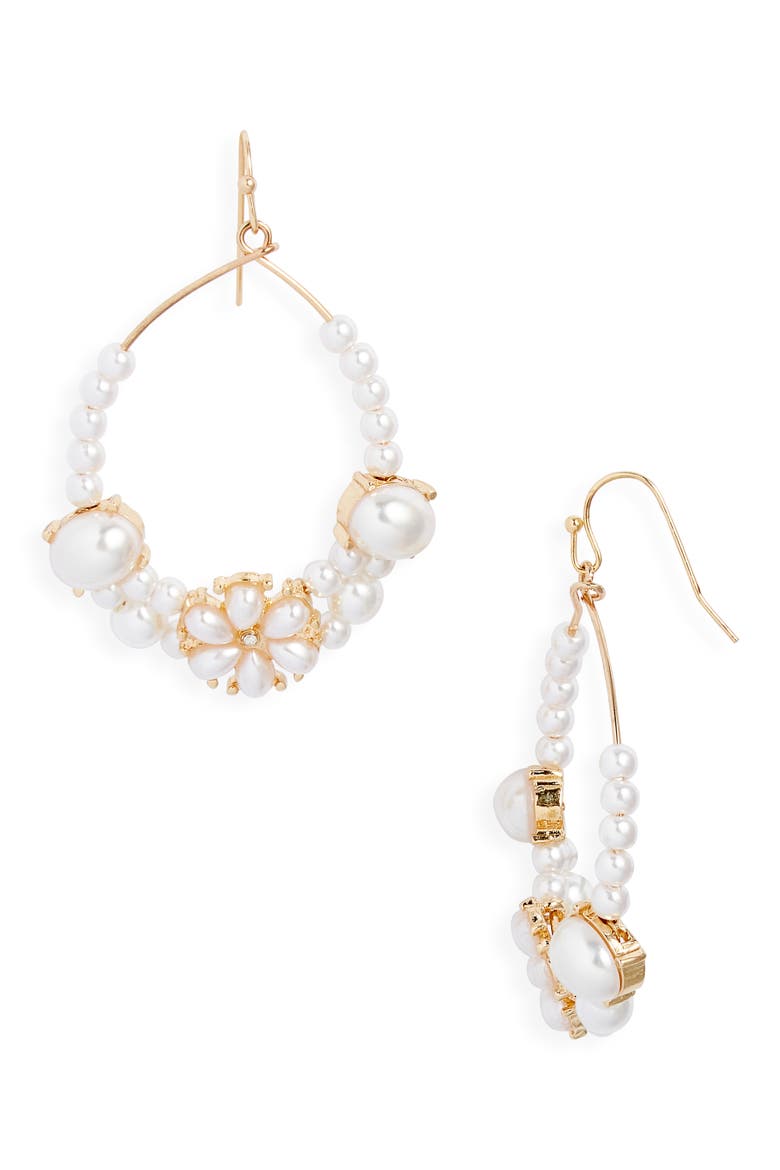 Floral Faux Pearl Teardrop Hoop Earrings, Main, color, WHITE- GOLD