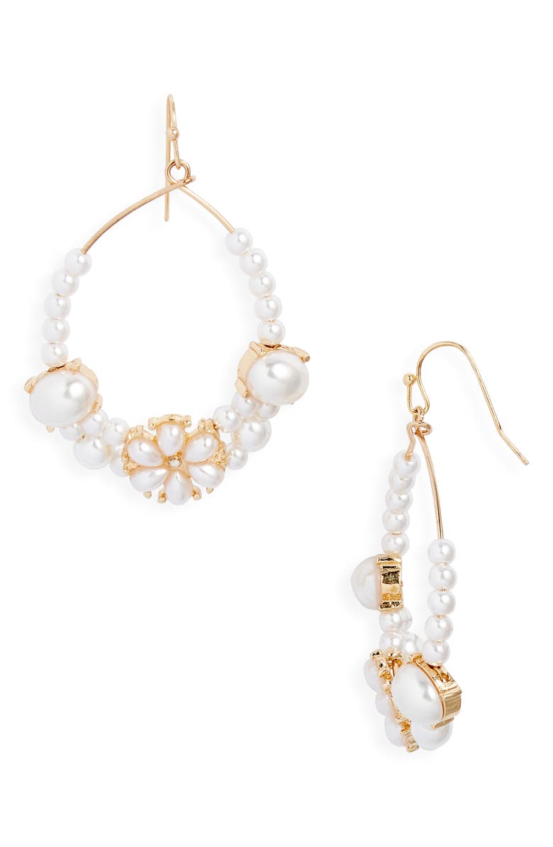 Nordstrom Floral Faux Pearl Teardrop Hoop Earrings, Main, color, 