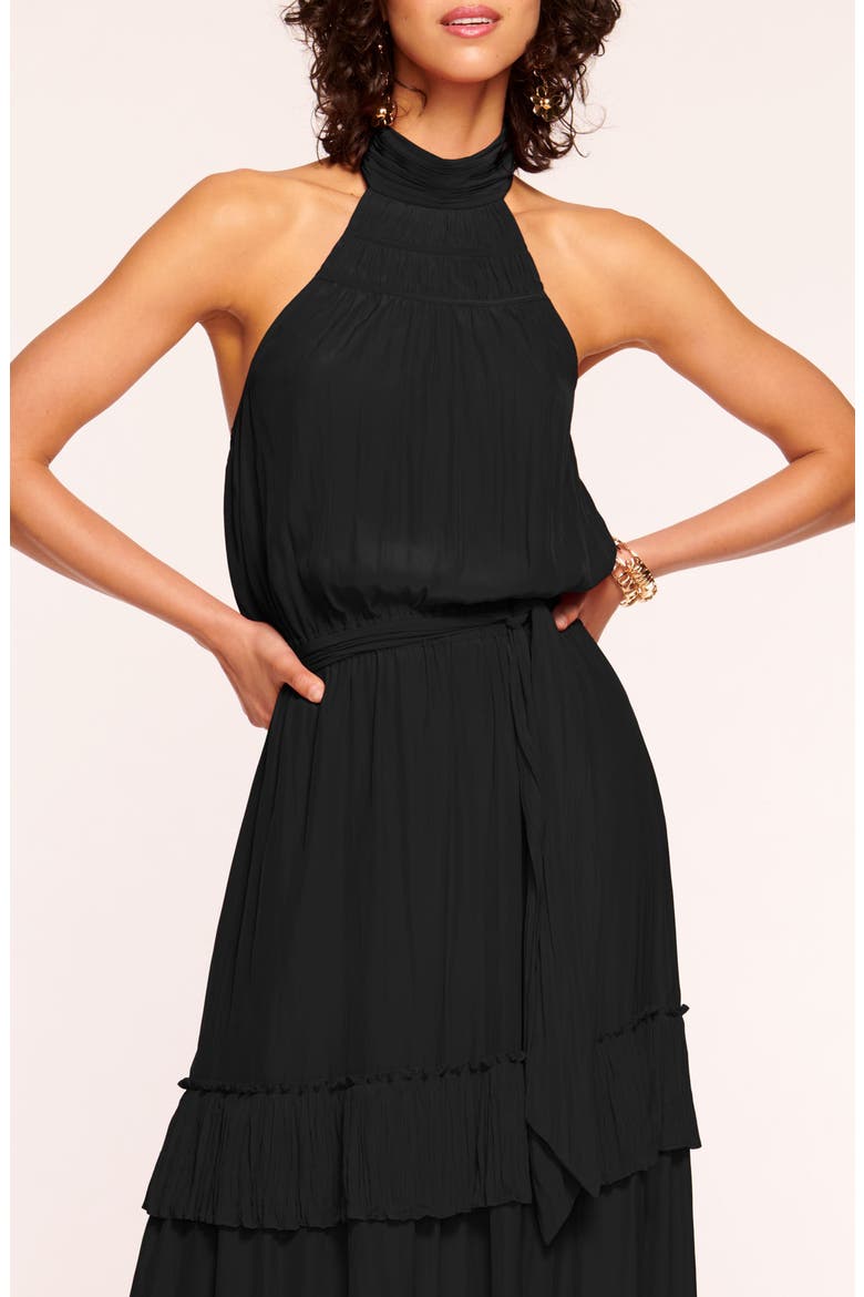 Genevieve Halter Neck Tiered Maxi Dress, Alternate, color, BLACK