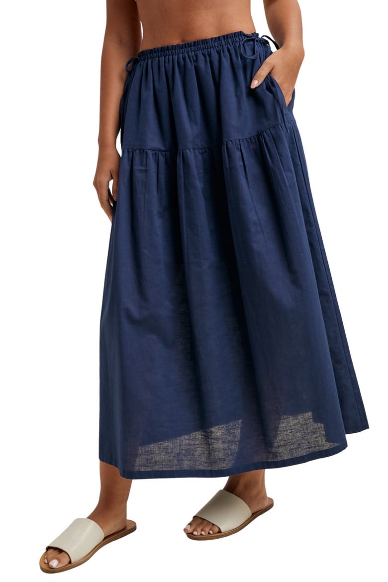Drawstring Cotton & Linen Blend Midi Skirt, Alternate, color, NAVY