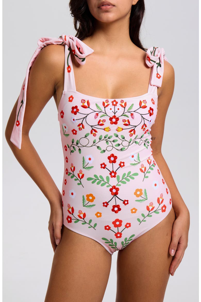 Pink Floral Harmony Embroidered Swimsuit, Main, color, Pink