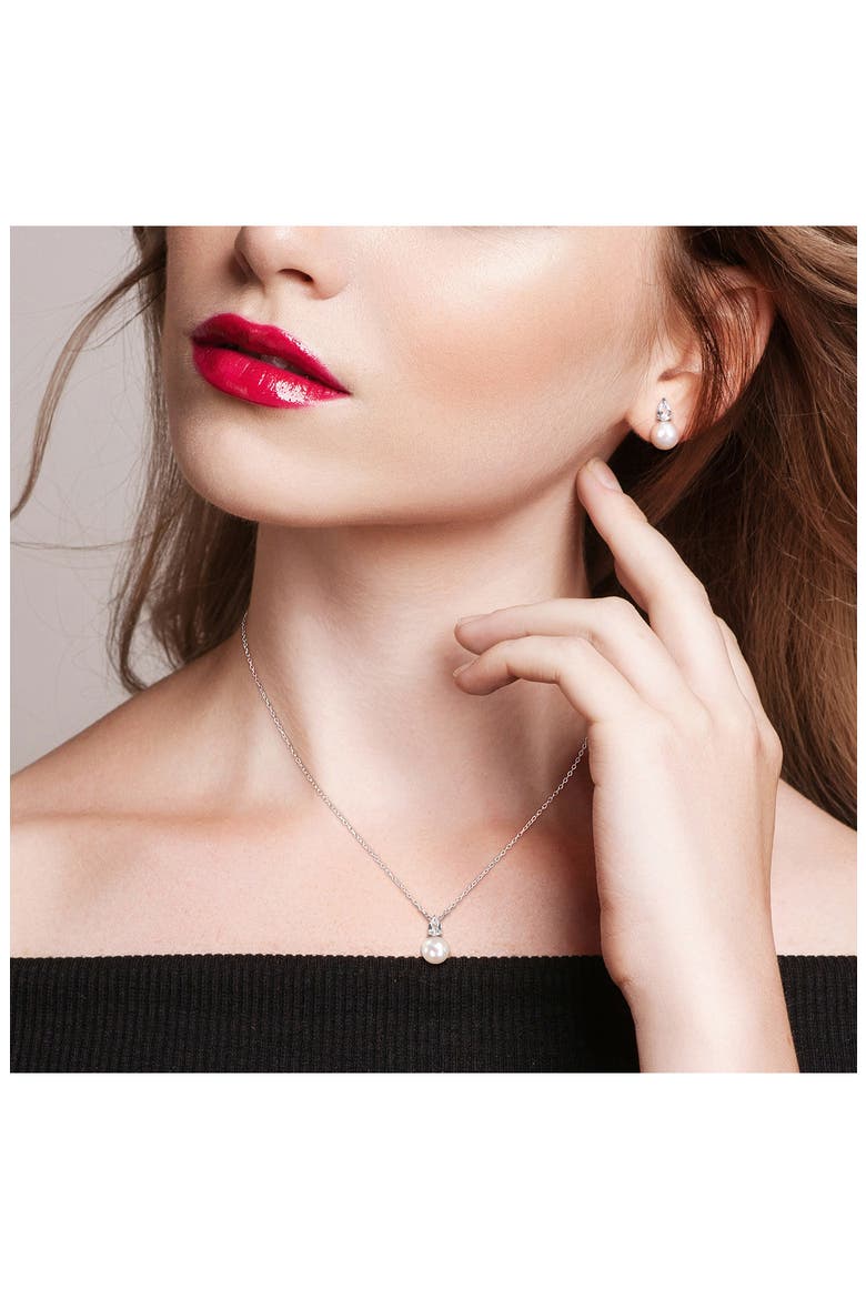 Cultured Freshwater Pearl & Lab Created Sapphire Necklace & Stud Earrings Set, Alternate, color, WHITE