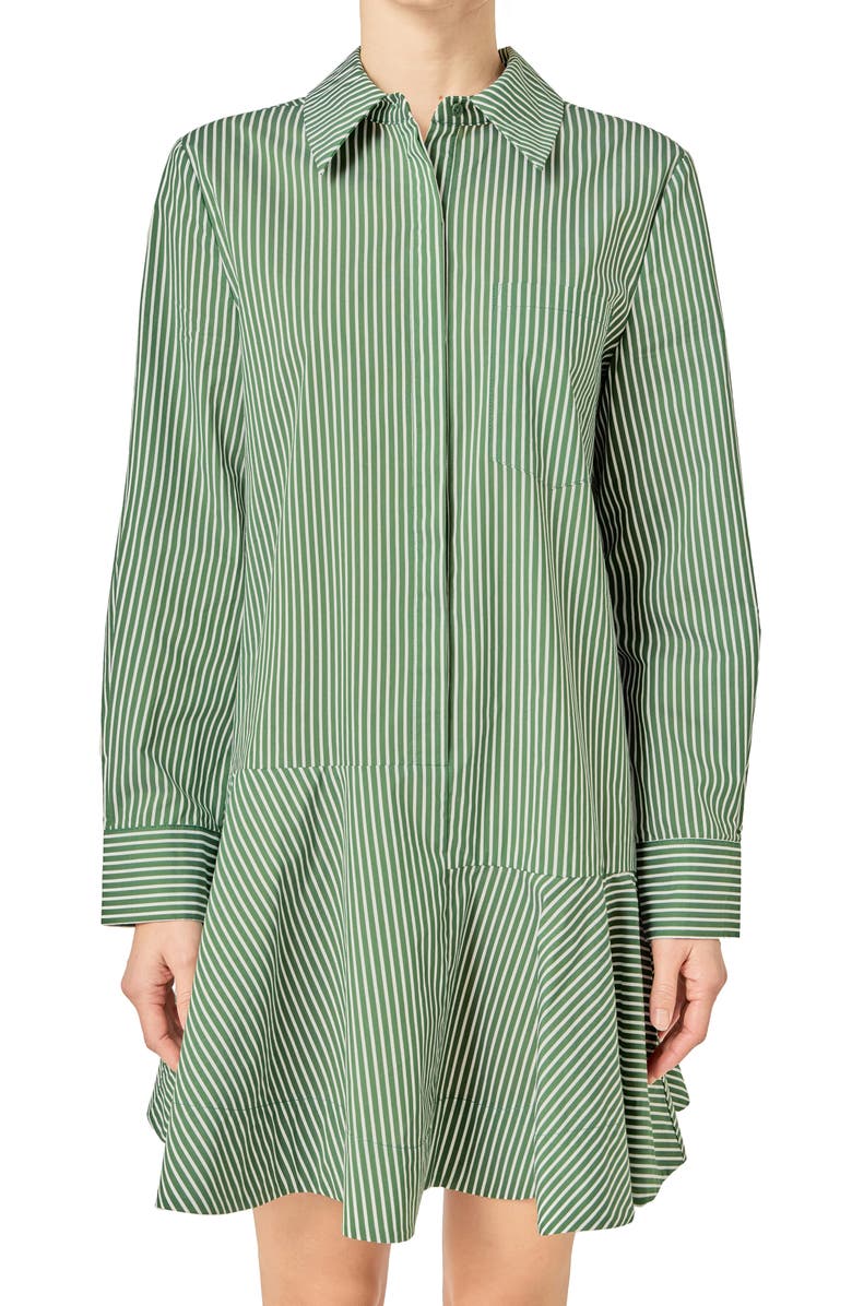 English Factory Stripe Ruffle Hem Long Sleeve Shirtdress, Alternate, color, Dark Olive