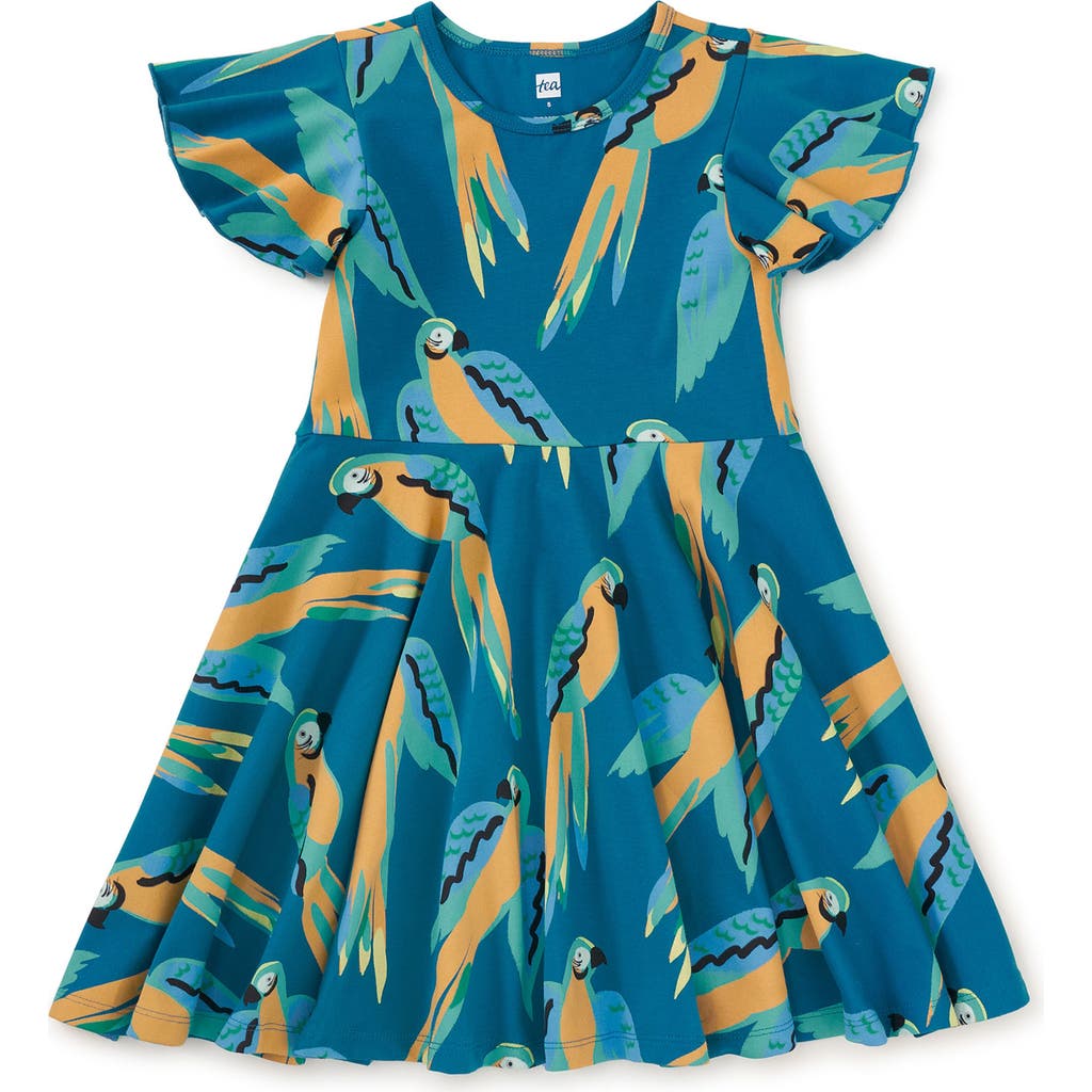 Tea Collection Flutter Sleeve Twirl Dress In Blue & Yellow Macaws