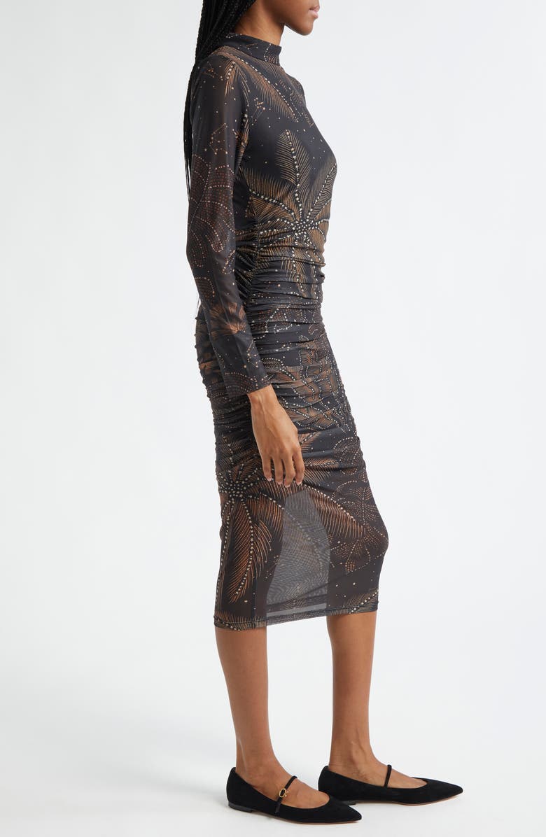 FARM Rio Golden Foliage Long Sleeve Tulle Midi Dress, Alternate, color,