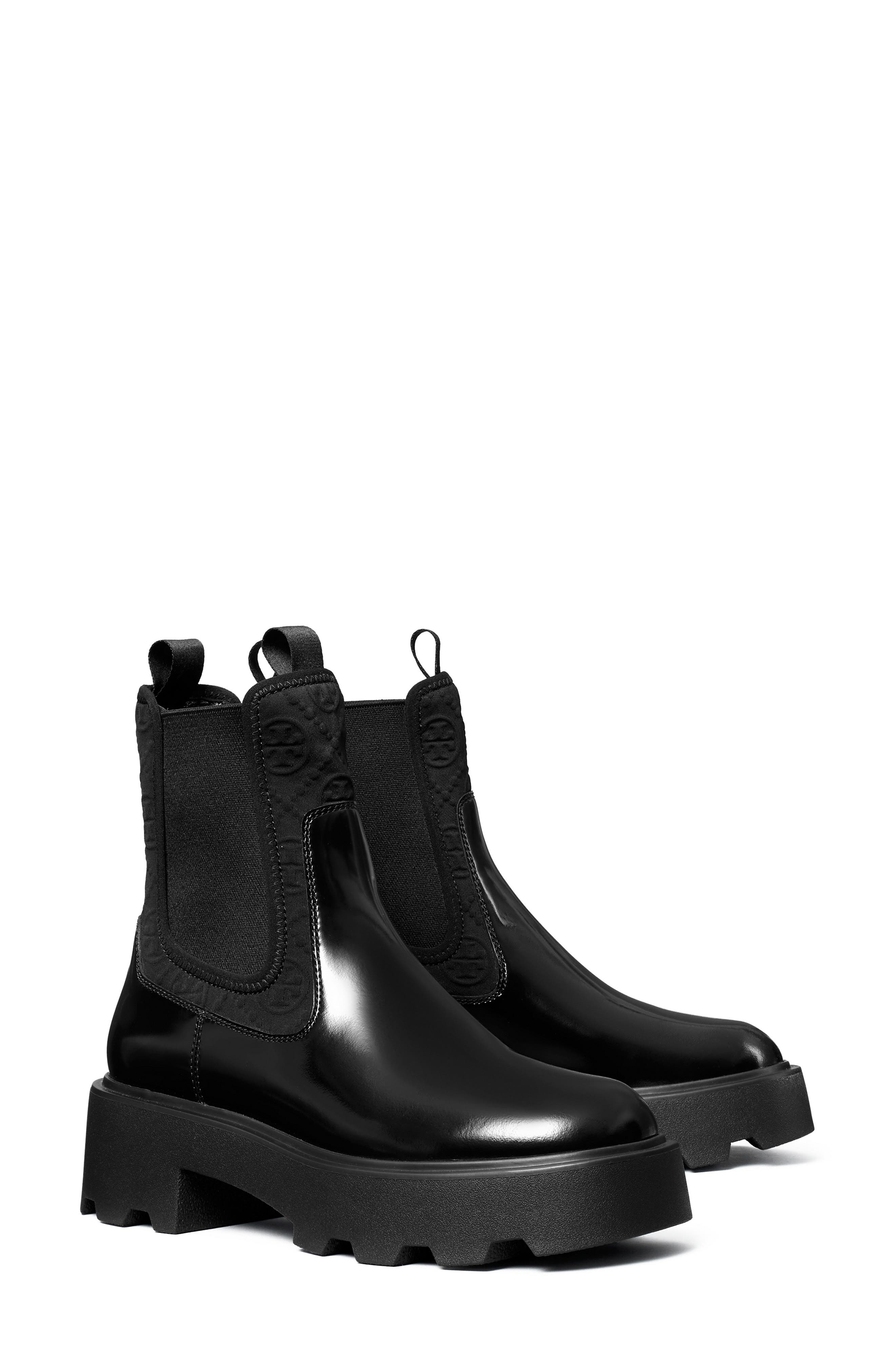 Tory Burch T Monogram Lug Sole Chelsea Boot, Main, color, Perfect Black