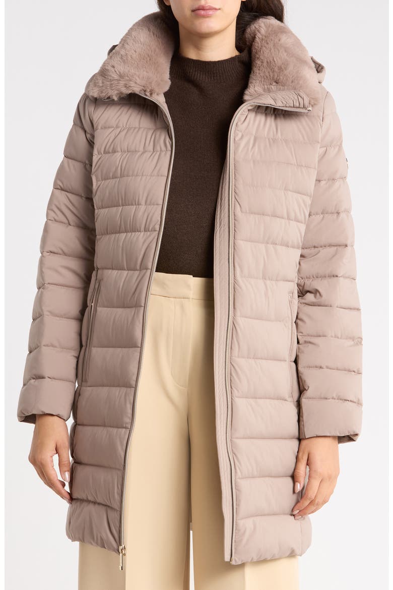 Packable Hooded Puffer Coat with Faux Fur Trim, Alternate, color, TAUPE