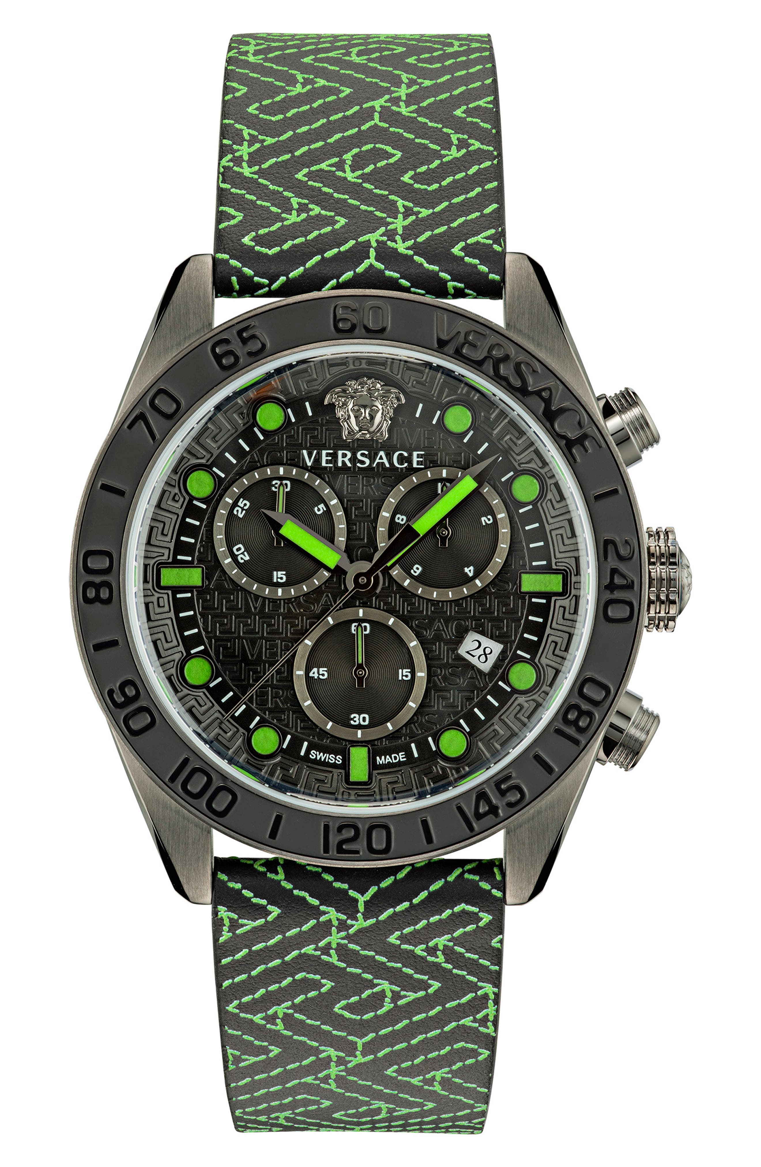 Versace Greca Dome Chronograph Leather Strap Watch, 43mm