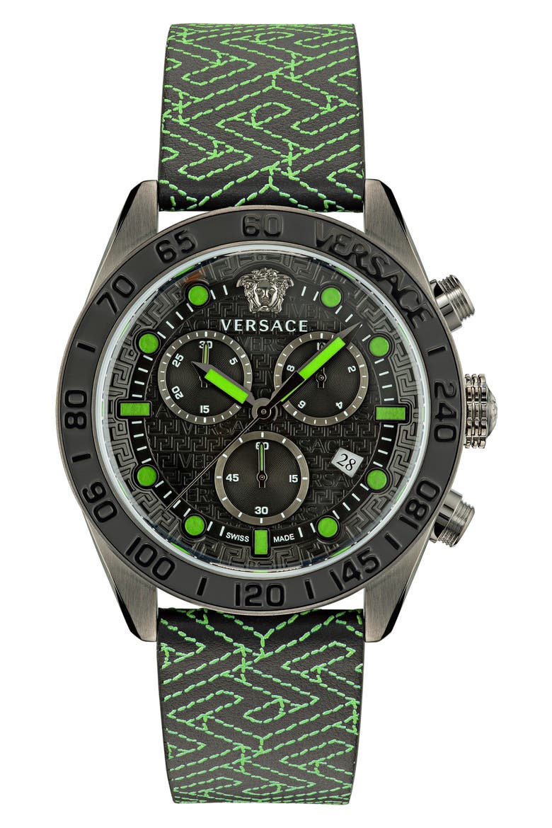 Greca Dome Chronograph Leather Strap Watch, 43mm, Main, color, GUN