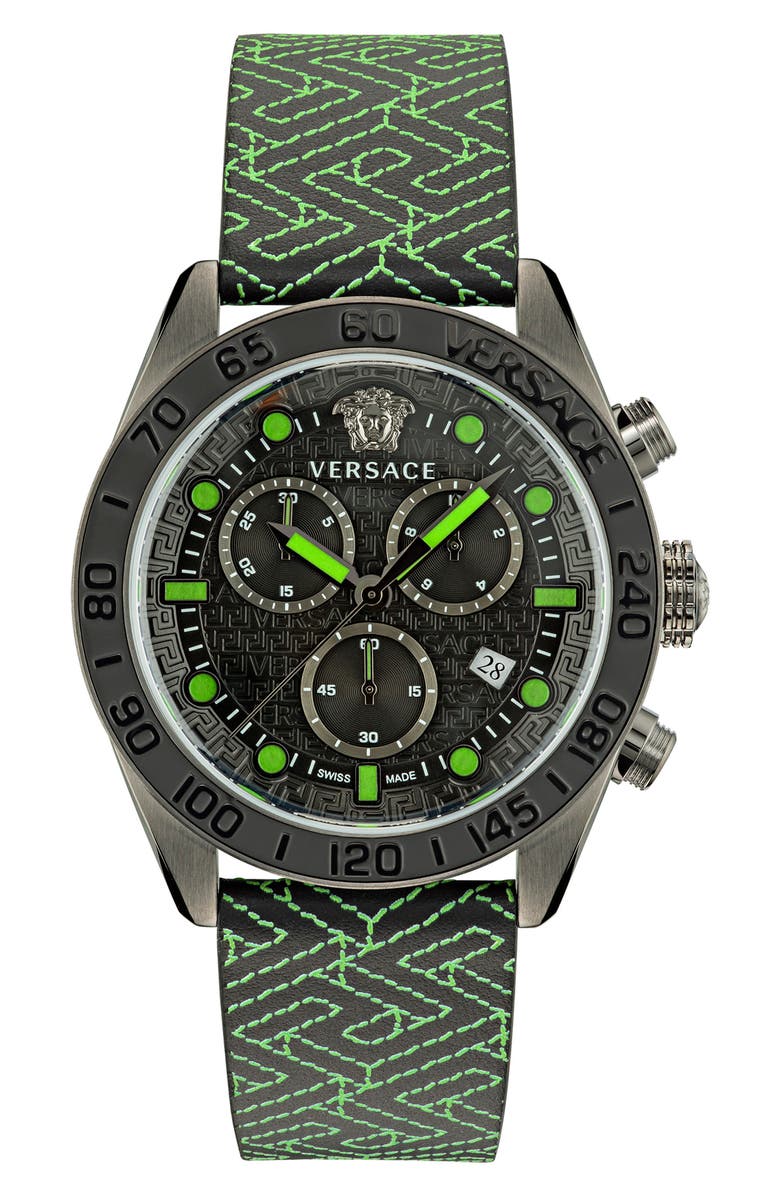 Versace Greca Dome Chronograph Leather Strap Watch, 43mm, Main, color, Gun