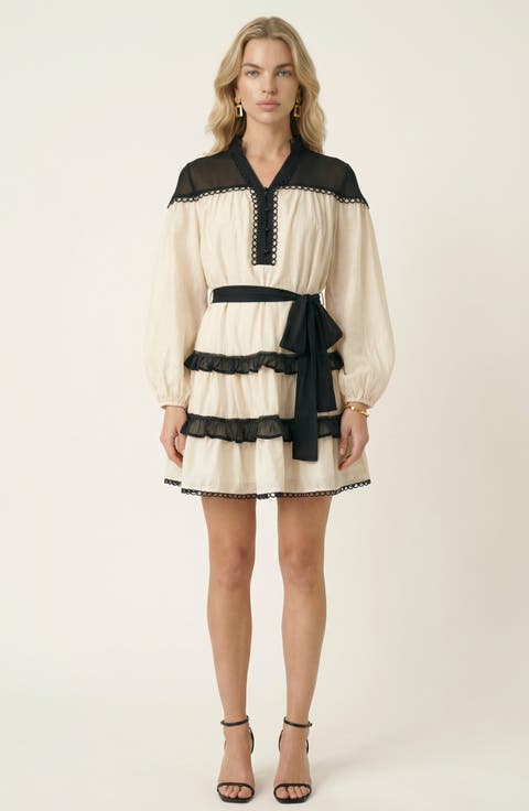 Contrast Trim Mini Dress with Waist Tie and Tiered Skirt