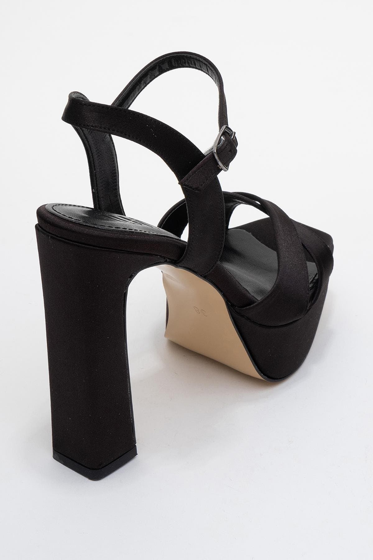 Prologue Shoes Yulia Cross-Strap Platform Heel Sandal, Alternate, color, Black Satin