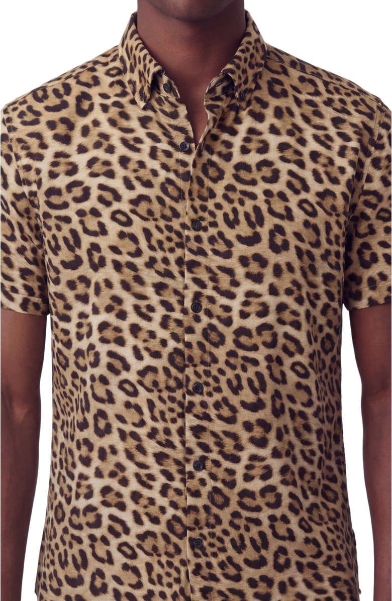 Lords of Harlech Leopard Mens Merino Wool Button-up Shirt, Alternate, color, Leopard Brown