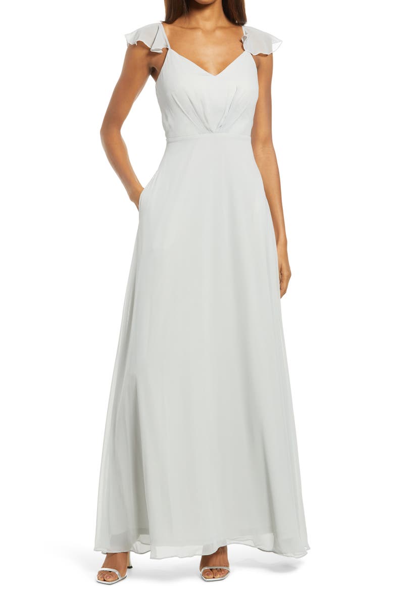 Flutter Sleeve Chiffon Gown, Main, color, DOVE GRAY