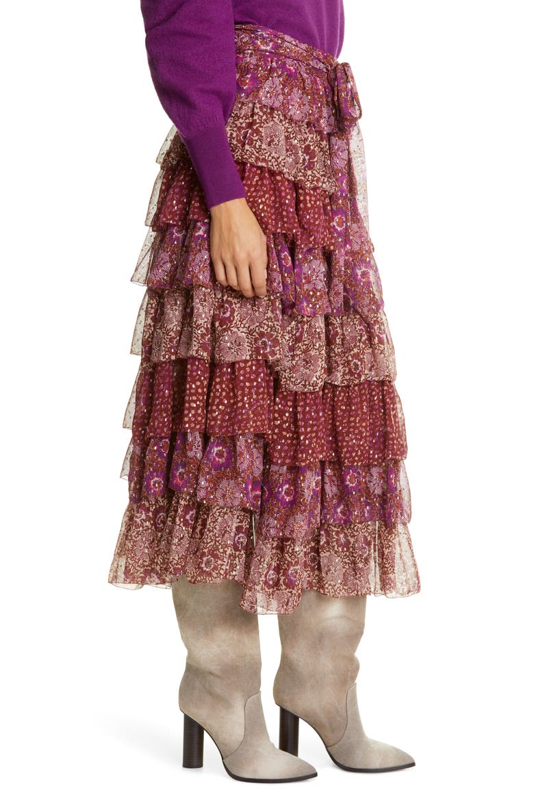 Fayanna Metallic Tiered Silk Skirt, Alternate, color, CLARET PATCHWORK