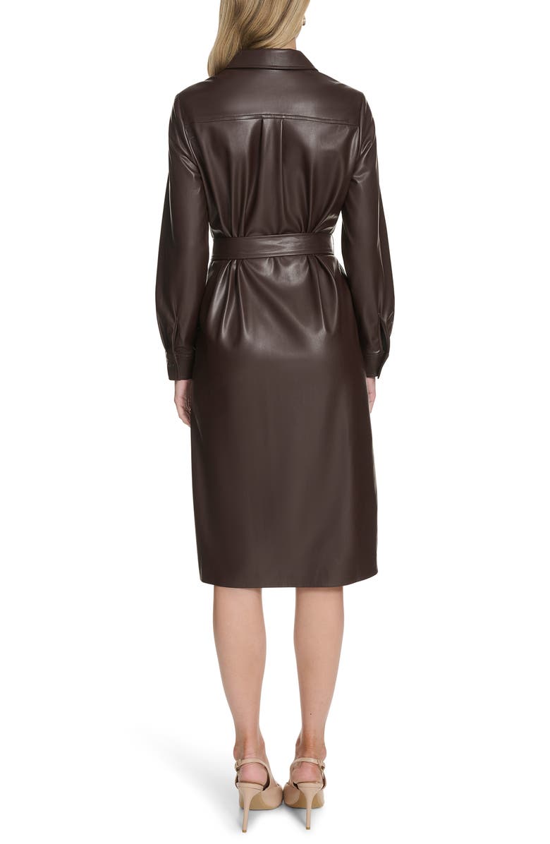 Calvin Klein Long Sleeve Faux Leather Shirtdress, Alternate, color, Coffee Bean