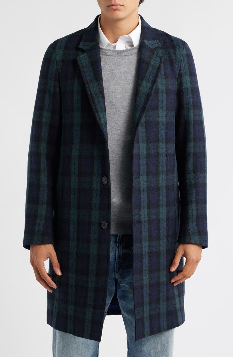 PS Paul Smith Tartan Wool Topcoat, Main, color, Black/ Blue/ Green
