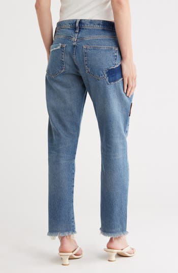 Patched Fray Hem Ankle Straight Jeans