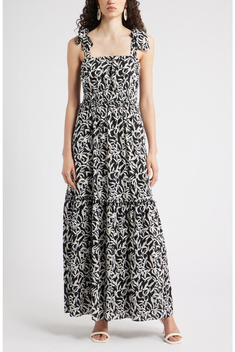 Tie Strap Floral Print Maxi Dress, Main, color, BLACK- IVORY ABSTRACT FOLIAGE