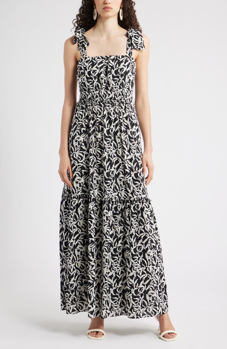 Chelsea28 Tie Strap Floral Print Maxi Dress, Main, color, Black- Ivory Abstract Foliage