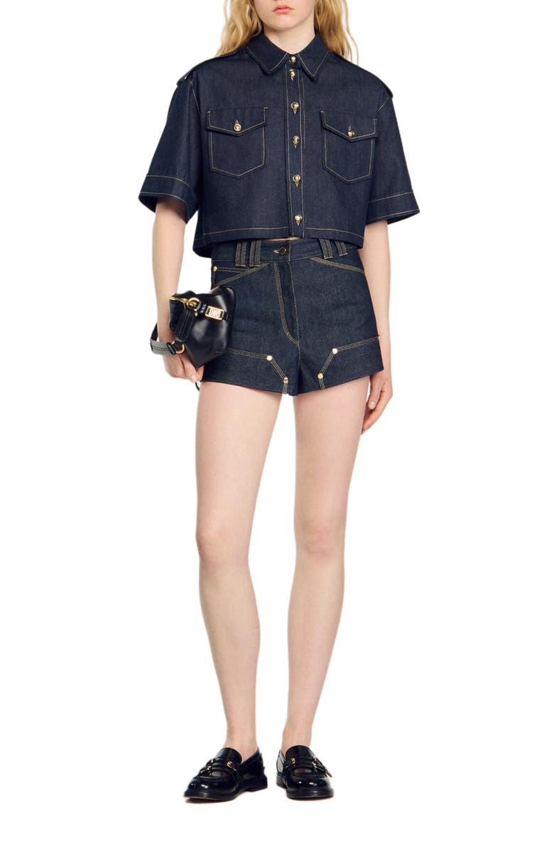 SANDRO Raw denim shorts, Alternate, color, 