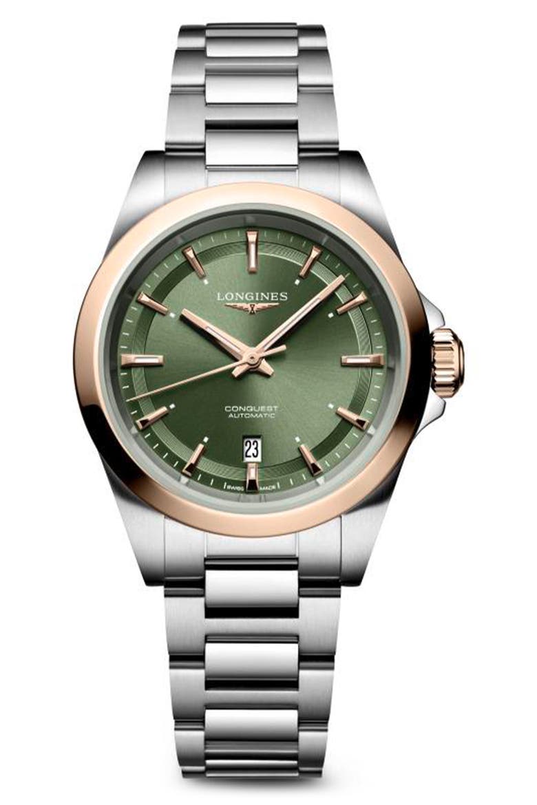 Conquest 18K Rose Gold Bezel Automatic Bracelet Watch, 30mm, Main, color, GREEN