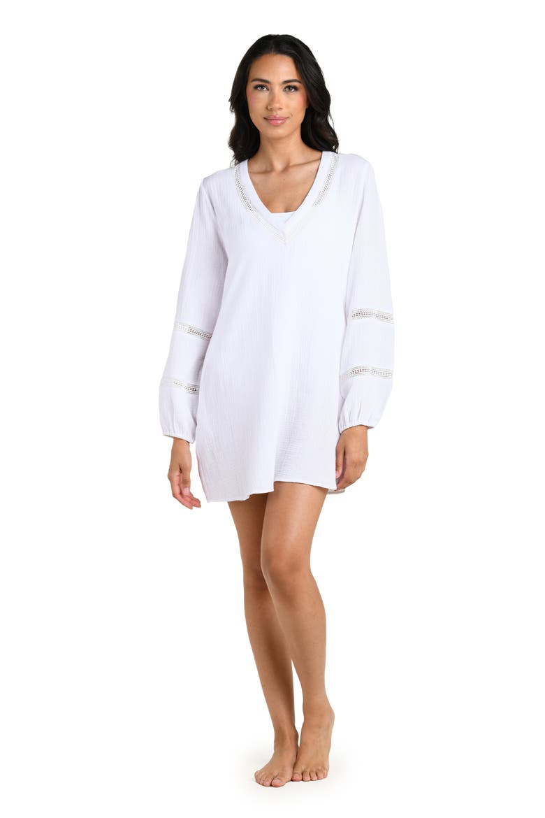 Seaside Lace Inset Long Sleeve Cotton Cover-Up Dress, Alternate, color, WHITE