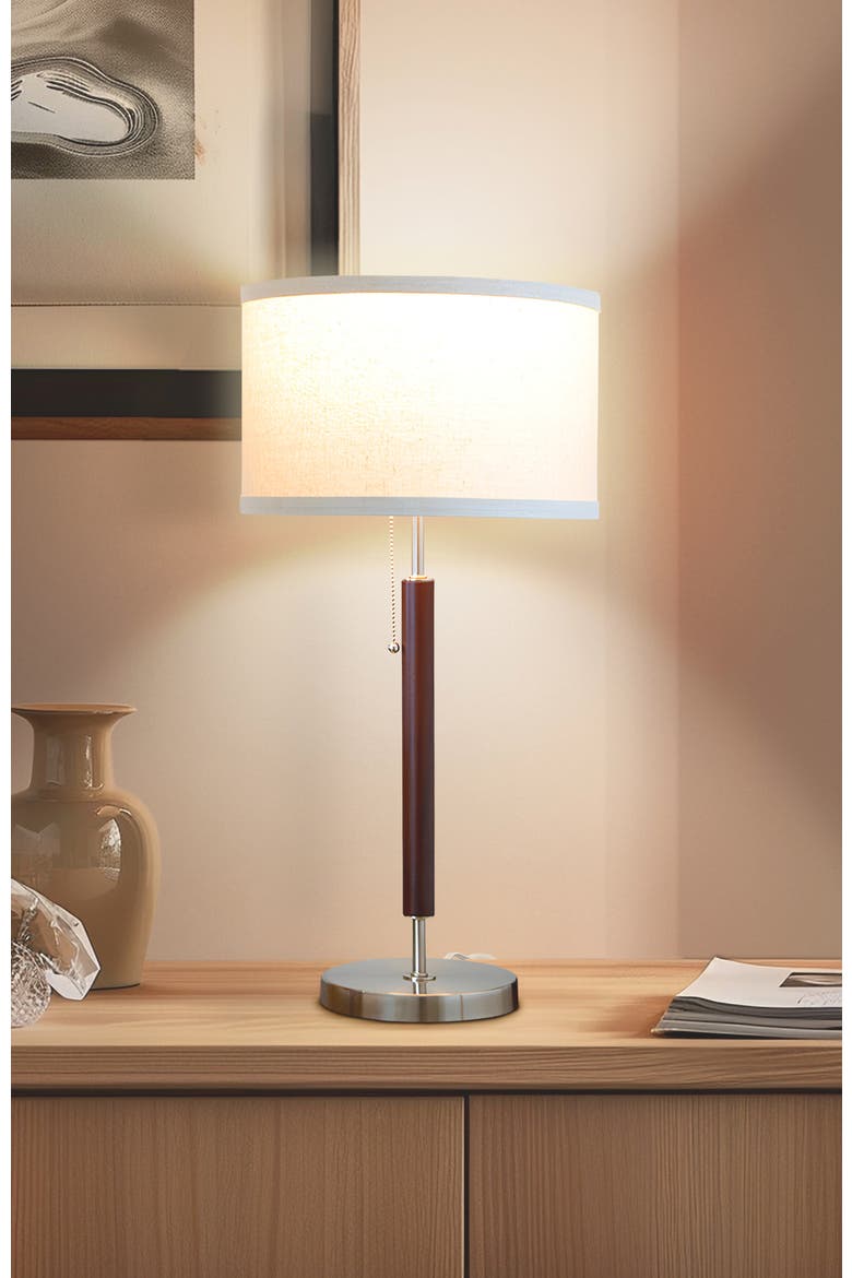 Carter 26" Linen and Woodgrain Table Lamp with Pull Chain Switch, Alternate, color, Brown