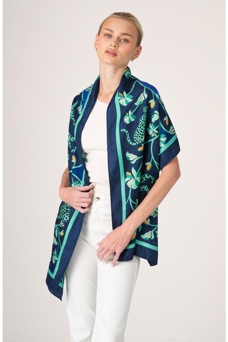 Leopards In The Verdant Wild Oblong Silk Scarf, Alternate, color, Blue