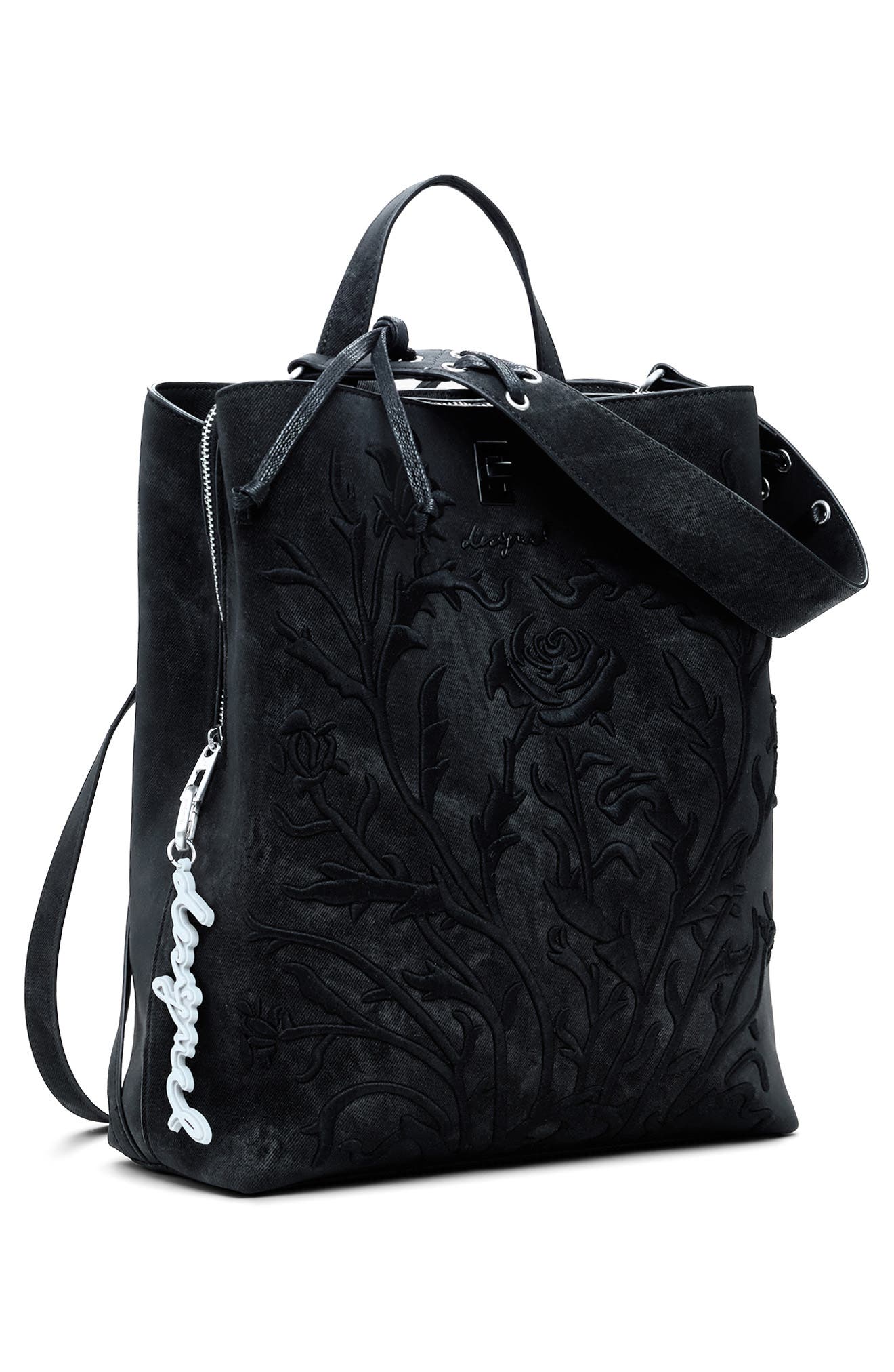 Desigual Flower Embossed Faux Leather Backpack, Alternate, color, Black