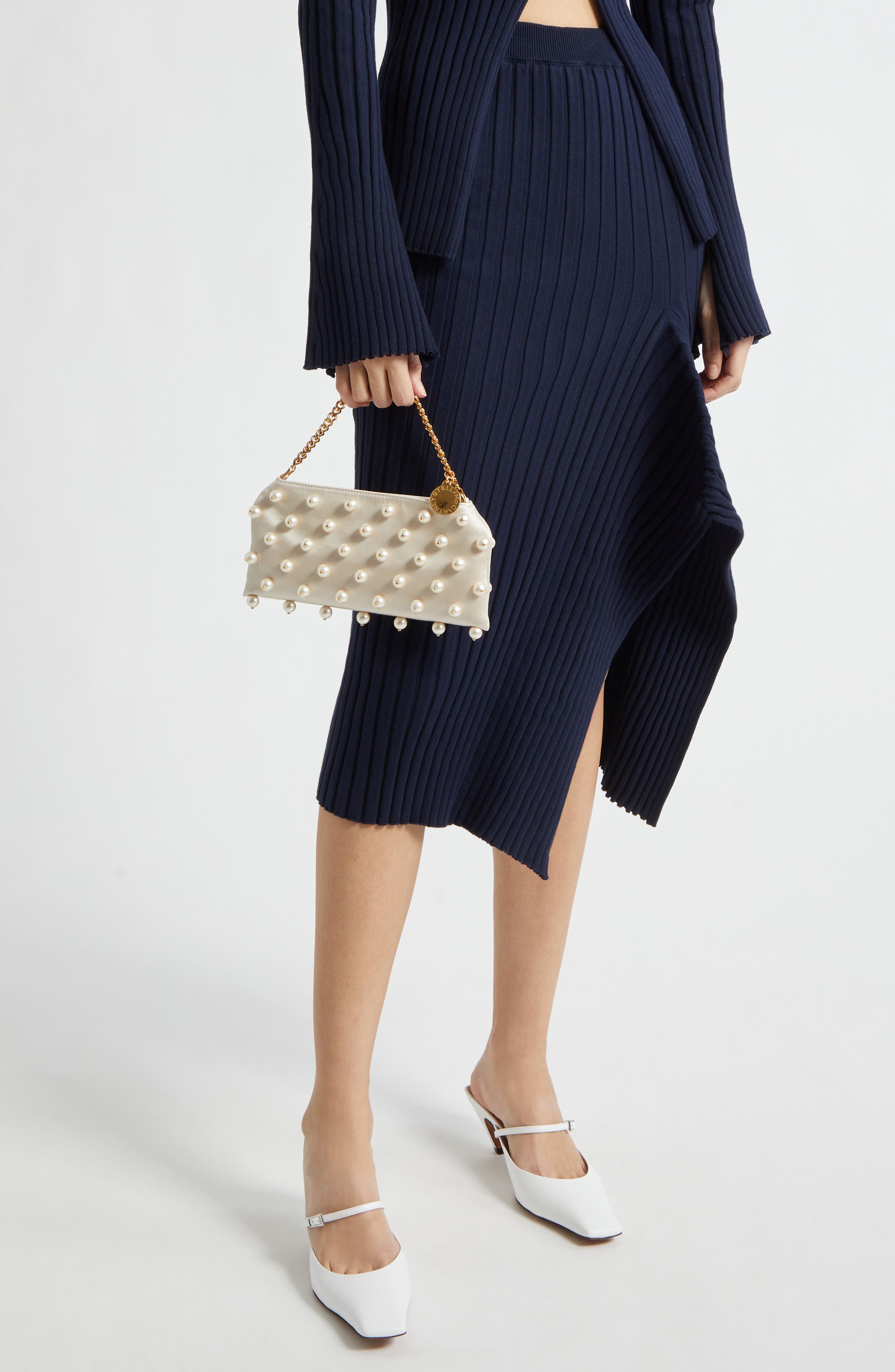 Stella McCartney Mini Falabella Pearly Bead Embellished Satin Evening Bag, Alternate, color, Pure White